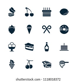 Dessert icon. collection of 16 dessert filled icons such as cherry, honey, piece of cake, ice cream, maple syrup, pie, candy cane. editable dessert icons for web and mobile.