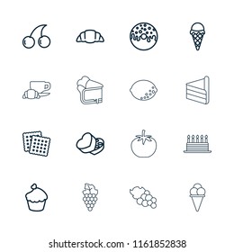 Dessert icon. collection of 16 dessert outline icons such as cookies, cherry, donut, croissant, muffin, sweet box, ice cream, grape. editable dessert icons for web and mobile.