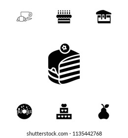 Dessert icon. collection of 7 dessert filled and outline icons such as cake, piece of cake, donut, pear. editable dessert icons for web and mobile.