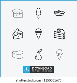 Dessert icon. collection of 9 dessert outline icons such as ice cream, ice cream on stick, cake, pie, pear. editable dessert icons for web and mobile.