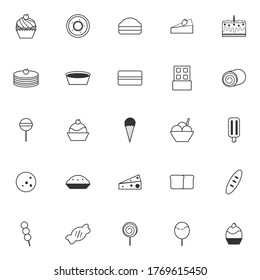 Dessert icon. Cupcake, donut, bread, cake, pancake, pine, chiffon, chocolate, roll, candy, pudding, ice cream, cookie, cheese, mochi, dango, sweety, cotton candy and bingsu.