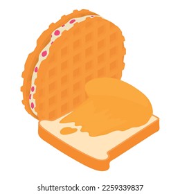 Dessert icon isometric vector. Peanut butter sandwich and round belgian waffle. Sweet food concept