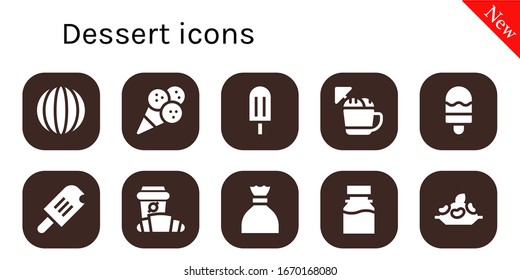 dessert icon set. 10 filled dessert icons.  Simple modern icons such as: Candy, Ice cream, Popsicle, Croissant, Sugar, Syrup, Rice