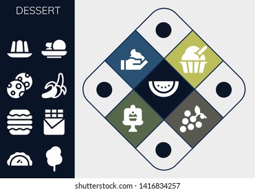 dessert icon set. 13 filled dessert icons.  Simple modern icons about  - Watermelon, Pastry, Cotton candy, Macaron, Chocolate bar, Cookies, Banana, Jelly, Cakes, Ice cream, Cream