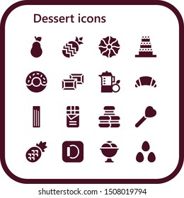 dessert icon set. 16 filled dessert icons.  Collection Of - Pear, Pineapple, Cookie, Cake, Donut, Chocolate, Juice, Croissant, Churros, Macaron, Lollipop, Apple, Ice cream icons