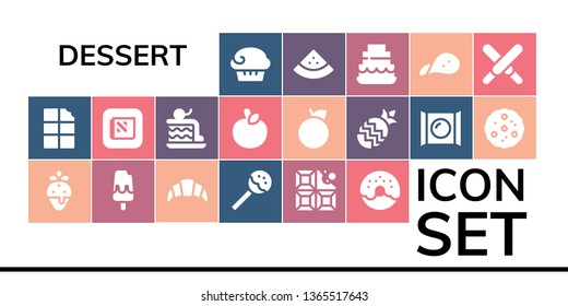 dessert icon set. 19 filled dessert icons.  Simple modern icons about  - Muffin, Chocolate, Strawberry, Ice cream, Croissant, Lollipop, Donut, Apple, Cake, Orange, Pineapple, Candy