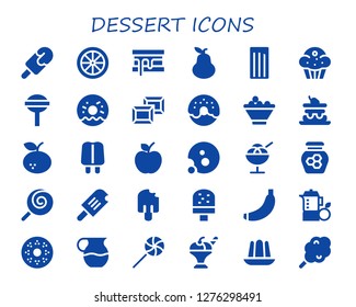  dessert icon set. 30 filled dessert icons. Simple modern icons about  - Popsicle, Candy, Smore, Pear, Churros, Muffin, Lollipop, Doughnut, Chocolate, Donut, Fruit bowl, Cake
