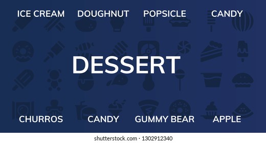  dessert icon set. 32 filled dessert icons. on blue background style Simple modern icons about  - Ice cream, Doughnut, Popsicle, Candy, Churros, Gummy bear, Apple, Mango, Fast food