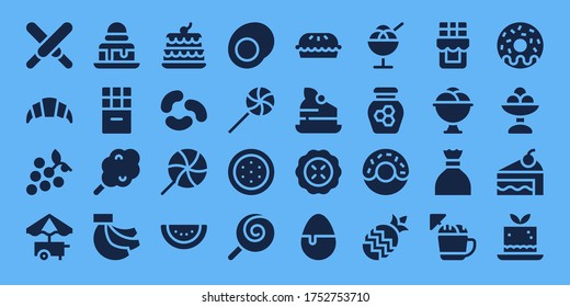 dessert icon set. 32 filled dessert icons. on blue background style Simple modern icons such as: Chocolate, Croissant, Grapes, Food cart, Brownie, Cotton candy, Bananas, Cake
