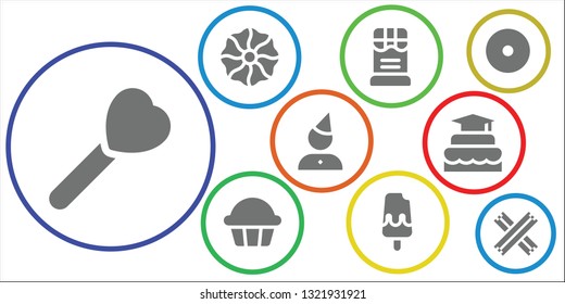 dessert icon set. 9 filled dessert icons.  Collection Of - Lollipop, Cookie, Chocolate, Cupcake, Ice cream, Birthday, Cake, Donut, Churros