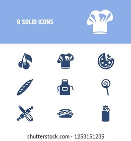 Dessert icon set and apron with cherries, pizza and hot dog. Candy related dessert icon vector for web UI logo design.