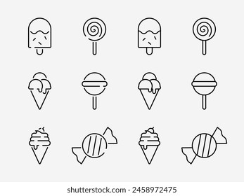 Dessert icon set. Basic flat design sweets. Ice cream cone, ice cream stick, soft cream, candy, toffee, toffy sign symbol.