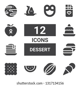 dessert icon set. Collection of 12 filled dessert icons included Ice cream, Watermelon, Biscuit, Macaron, Pancake, Pudding, Pear, Chocolate bar, Apple, Jawbreaker, Pretzel