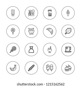 Dessert icon set. collection of 16 outline dessert icons with banana, birthday, chocolate, cotton candy, cupcake, cookie, croissant, ice cream, lollipop, popsicle icons.