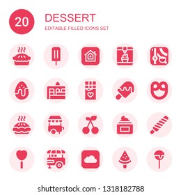 dessert icon set. Collection of 20 filled dessert icons included Pie, Ice cream, Apple, Chocolate egg, Cake, Chocolate, Pretzel, Ice cream cart, Cherry, Cream, Popsicle, Lollipop