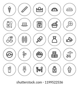 Dessert icon set. collection of 25 outline dessert icons with baby food, cake, cherry, chocolate, concave, cream, donut, ice cream, lollipop icons. editable icons.