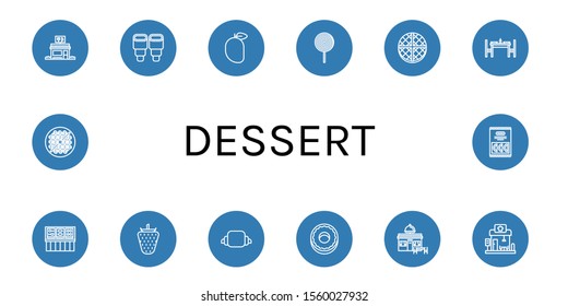 dessert icon set. Collection of Restaurant, Pastry, Mango, Lollipop, Wafer, Dinning table, Buffet, Strawberry, Croissant, Donut, Bean toasting, Candy icons