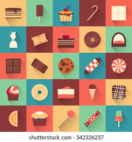 Dessert icon set. Collection of tasty sweets. Yummy delicious cakes. White and black chocolate.  Confectionery buiscuits. Every icon can be used separately. Food. Vector design illustration. 