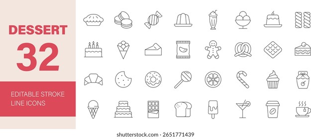 Conjunto de ícones Sobremesa. Contendo padaria, torta, bolo, biscoito, sorvete, chocolate, geleia, cheesecake, aniversário, doce, pirulito, café e muito mais. Ícones de linha editáveis. Ilustração vetorial.