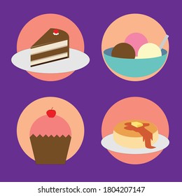 Dessert icon set contains cake, ice cream, cupcake, and pancake icon. Sweet food is good to be eaten in the summer.