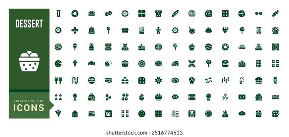 Conjunto de iconos de postre. Contiene iconos tales como pastel, dulce, dulce waffle y más. Colección de icono de glifo para Web y ui. Paquete de iconos lleno, trazo editable. Conjunto de iconos sólidos. Ilustración vectorial.