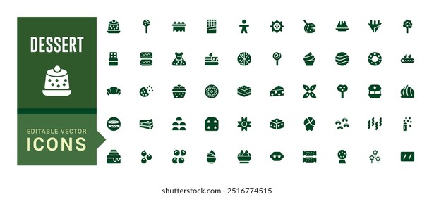 Dessert icon set. Contains such icons as cake, sweet, sweet waffle and more. Glyph icon collection for web and ui. Filled icon pack, editable stroke. Solid icon set. Vector illustration.