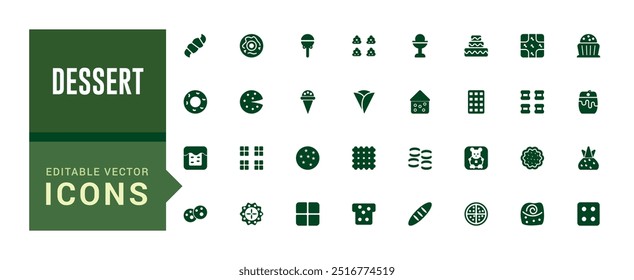 Dessert icon set. Contains such icons as cake, sweet, sweet waffle and more. Glyph icon collection for web and ui. Filled icon pack, editable stroke. Solid icon set. Vector illustration.