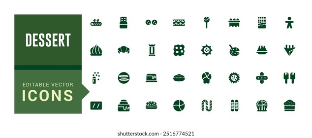 Dessert icon set. Contains such icons as cake, sweet, sweet waffle and more. Glyph icon collection for web and ui. Filled icon pack, editable stroke. Solid icon set. Vector illustration.