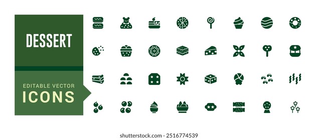 Dessert icon set. Contains such icons as cake, sweet, sweet waffle and more. Glyph icon collection for web and ui. Filled icon pack, editable stroke. Solid icon set. Vector illustration.