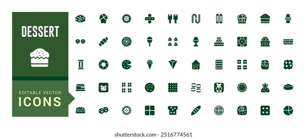 Dessert icon set. Contains such icons as cake, sweet, sweet waffle and more. Glyph icon collection for web and ui. Filled icon pack, editable stroke. Solid icon set. Vector illustration.