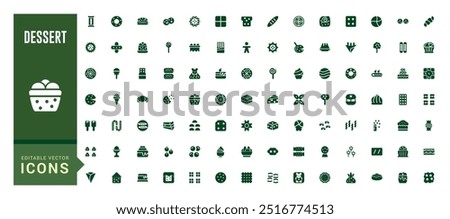 Dessert icon set. Contains such icons as cake, sweet, sweet waffle and more. Glyph icon collection for web and ui. Filled icon pack, editable stroke. Solid icon set. Vector illustration.
