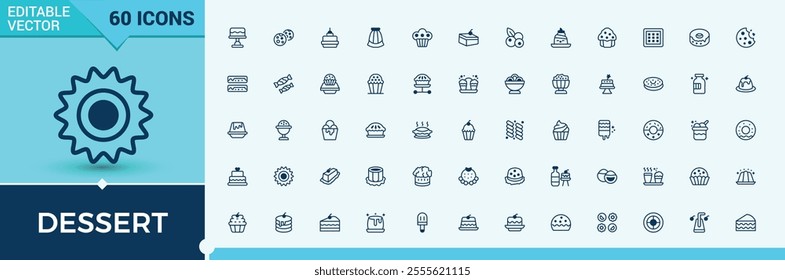 Dessert icon set. It contains symbols to vanilla, sweets, food, sweetly, dessert and more. Minimalist thin linear icon. Solid line editable stroke.