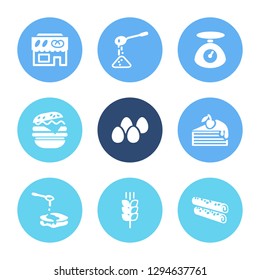 Dessert icon set and double burger with piece of cake, kitchen scales and bakery shop. Sweet related dessert icon vector for web UI logo design.