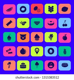 dessert icon set with doughnuts, peach and garnet vector illustration