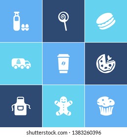 Dessert icon set and gingerbreadman with lollipop, milk with eggs and cake delivery. Pepperoni related dessert icon vector for web UI logo design.