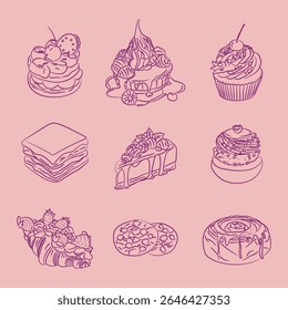 Dessert icon set illustration. Hand drawn dessert element for cafe menu design. Sweet food. Dessert. Food illustration