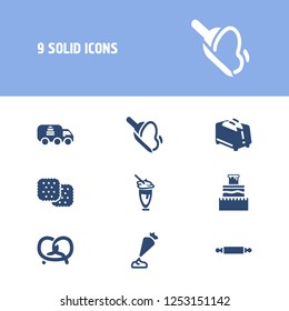 Dessert icon set and pretzel with milkshake, rolling pin and flour. Crisp related dessert icon vector for web UI logo design.