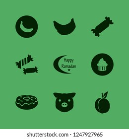 dessert icon. dessert vector icons set cupcake, banana, peach and candy