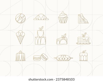 Dessert icons in art deco style donut, croissant, cupcake, sandwich, ice cream, cake, dessert, pancakes, macarons, pie, jelly drawing on beige background