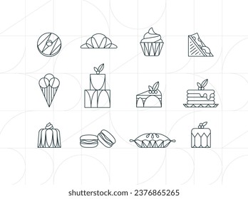 Dessert icons in art deco style donut, croissant, cupcake, sandwich, ice cream, cake, dessert, pancakes, macarons, pie, jelly drawing on white background