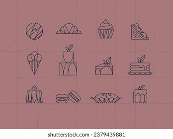 Dessertsymbole im Art Deco Stil Donut, Croissant, Cupcakes, Sandwich, Eis, Kuchen, Dessert, Pfannkuchen, Makarons, Kuchen, Gelee auf Korallenhintergrund