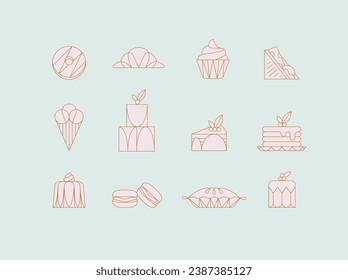 Dessert icons in art deco style doughnut, croissant, cupcake, sandwich, ice cream, cake, dessert, pancakes, macaroons, pie jelly drawing with pink on turquoise background