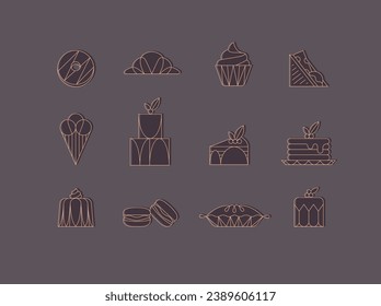 Dessert icons in art deco style doughnut, croissant, cupcake, sandwich, ice cream, cake, dessert, pancakes, macaroons, pie jelly drawing with brown on chocolate color background
