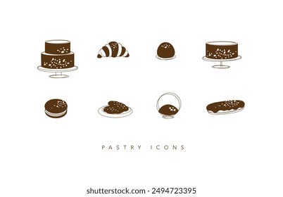 Dessert icons cake, croissant, candy, cookie, dessert, eclair, macarons drawing on white background