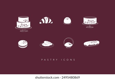 Dessert icons cake, croissant, candy, cookie, dessert, eclair, macarons drawing on red background