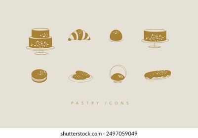 Dessert icons cake, croissant, candy, cookie, dessert, eclair, macarons drawing on beige background