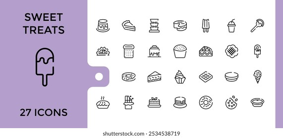 Iconos de postre en estilo lineal. Contiene iconos como postre, comida, dulces, dulces, vainilla y más. Icono simple para App móviles y de Web. Trazo editable. Ilustración vectorial.