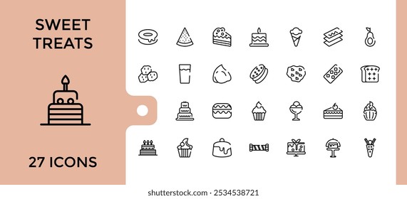 Iconos de postre en estilo lineal. Contiene iconos como postre, comida, dulces, dulces, vainilla y más. Icono simple para App móviles y de Web. Trazo editable. Ilustración vectorial.