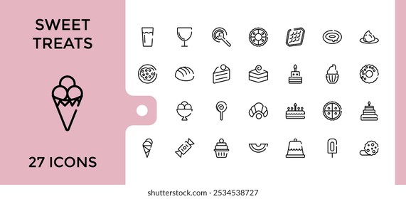 Iconos de postre en estilo lineal. Contiene iconos como postre, comida, dulces, dulces, vainilla y más. Icono simple para App móviles y de Web. Trazo editable. Ilustración vectorial.