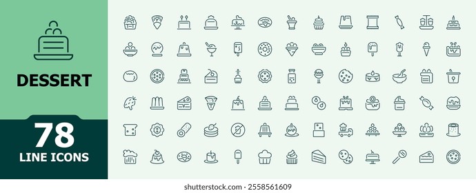 Dessert icons in linear style. Contains related to brownie, sugar, biscuit, confectionery, cooking, cheesecake, birthday and more. Minimalist icon collections. Editable stroke. Vector illustration.